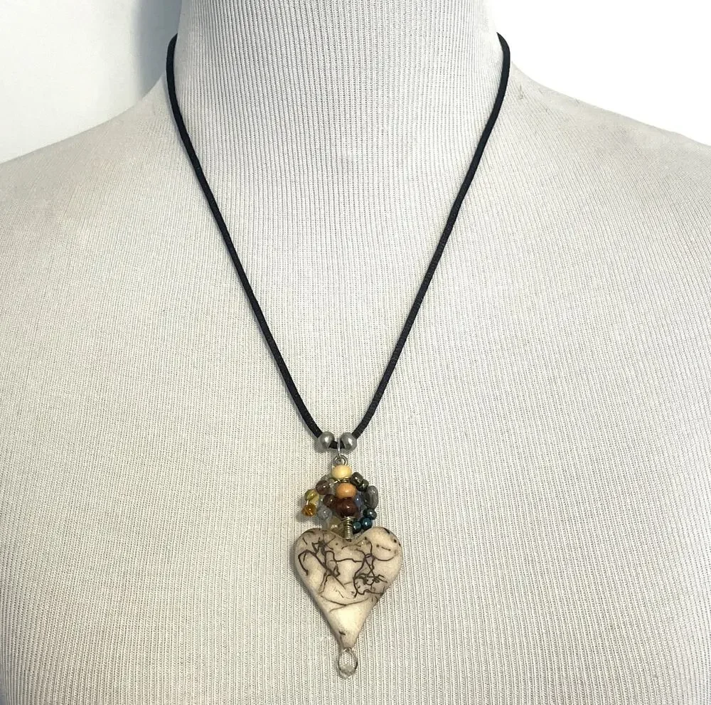 Heart & Beaded Pendant Necklace on Black Cord